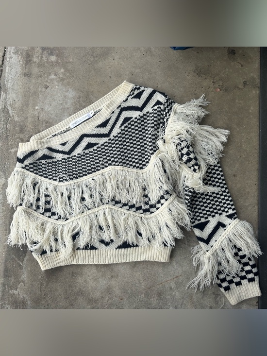 Hazel & Olive Sweaters - Cream and Black Fringe Knit Sweater